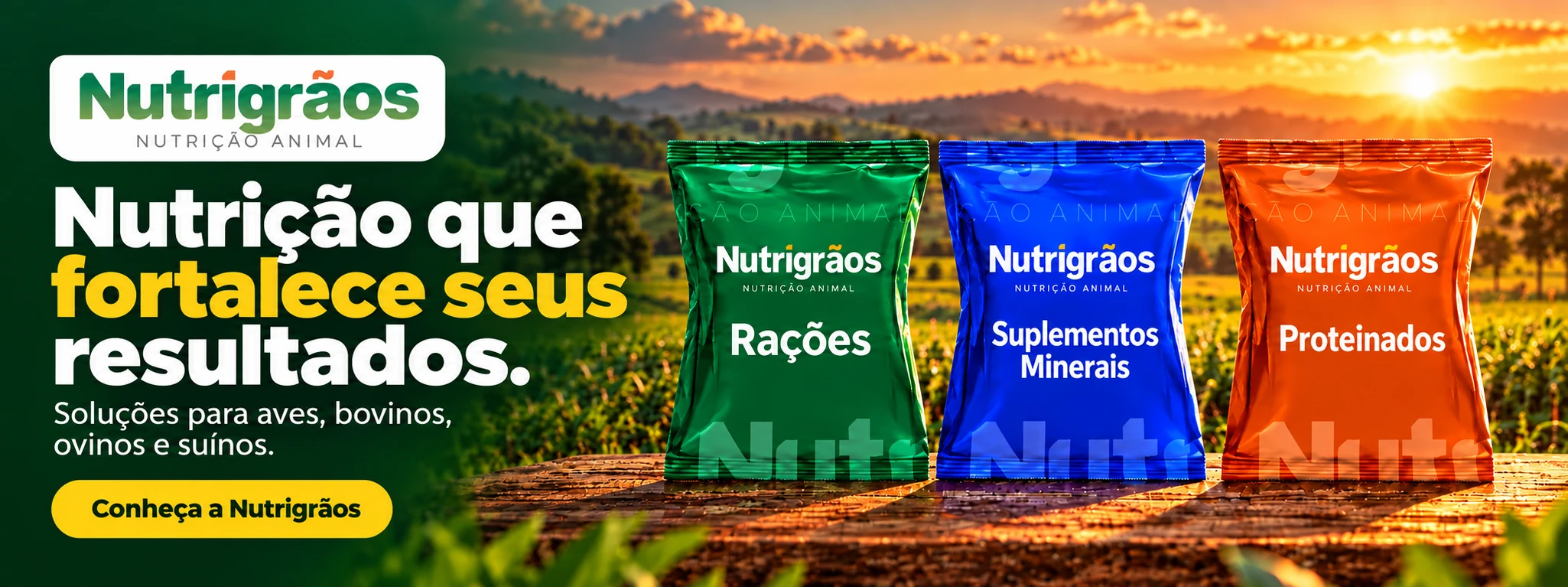 Nutrigrãos Nutrição Animal: nutrição que fortalece seus resultados. Rações, suplementos minerais e proteinados. Soluções para aves, bovinos, ovinos e suínos.