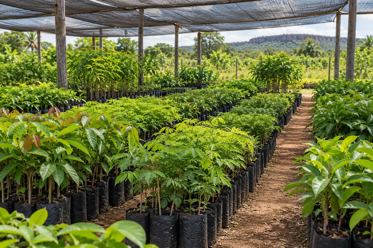 Mudas de árvores frutíferas e nativas em viveiro ilustrativo.