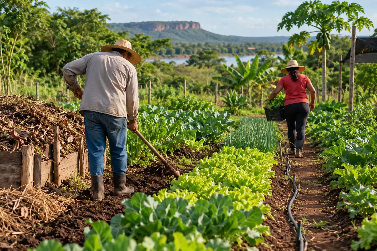 Horta orgânica cultivada por agricultores.