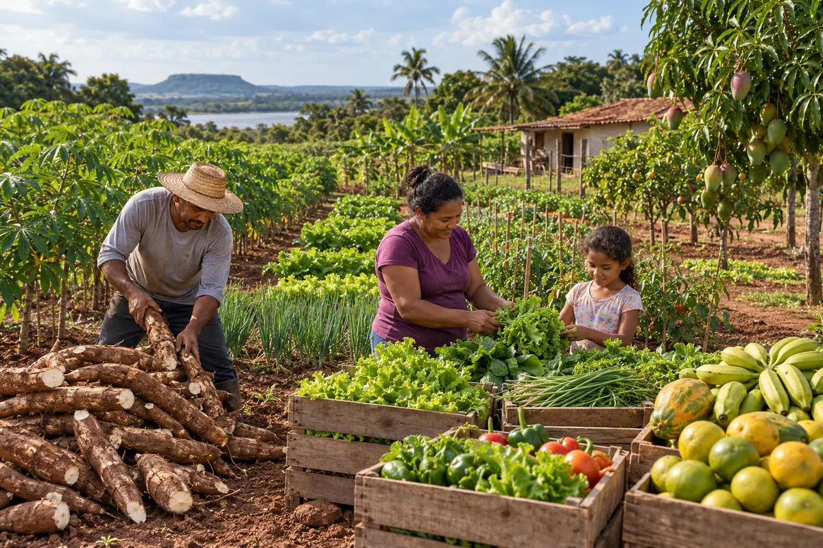 Lavoura diversificada com alimentos para comercialização.
