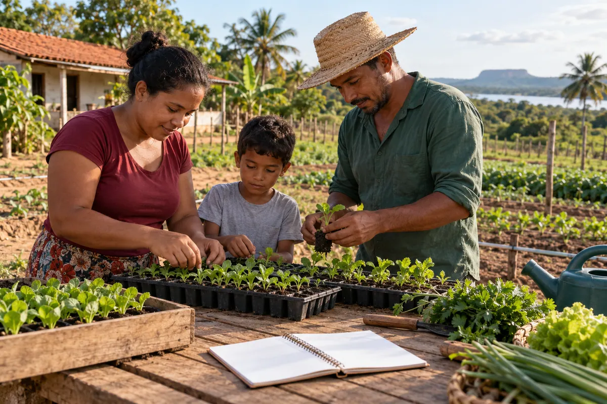 Família cuidando de mudas em pequena propriedade.