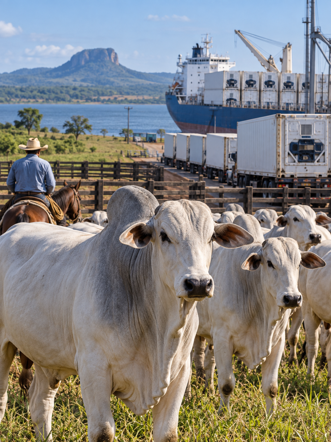 Gado nelore diante de uma operação de transporte refrigerado para exportação
