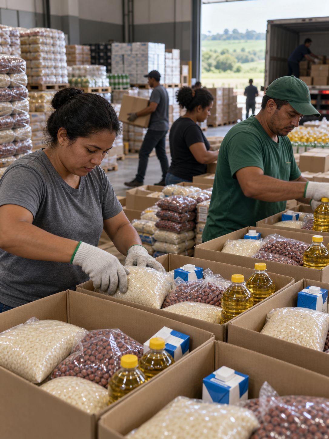 Trabalhadores montam cestas de alimentos