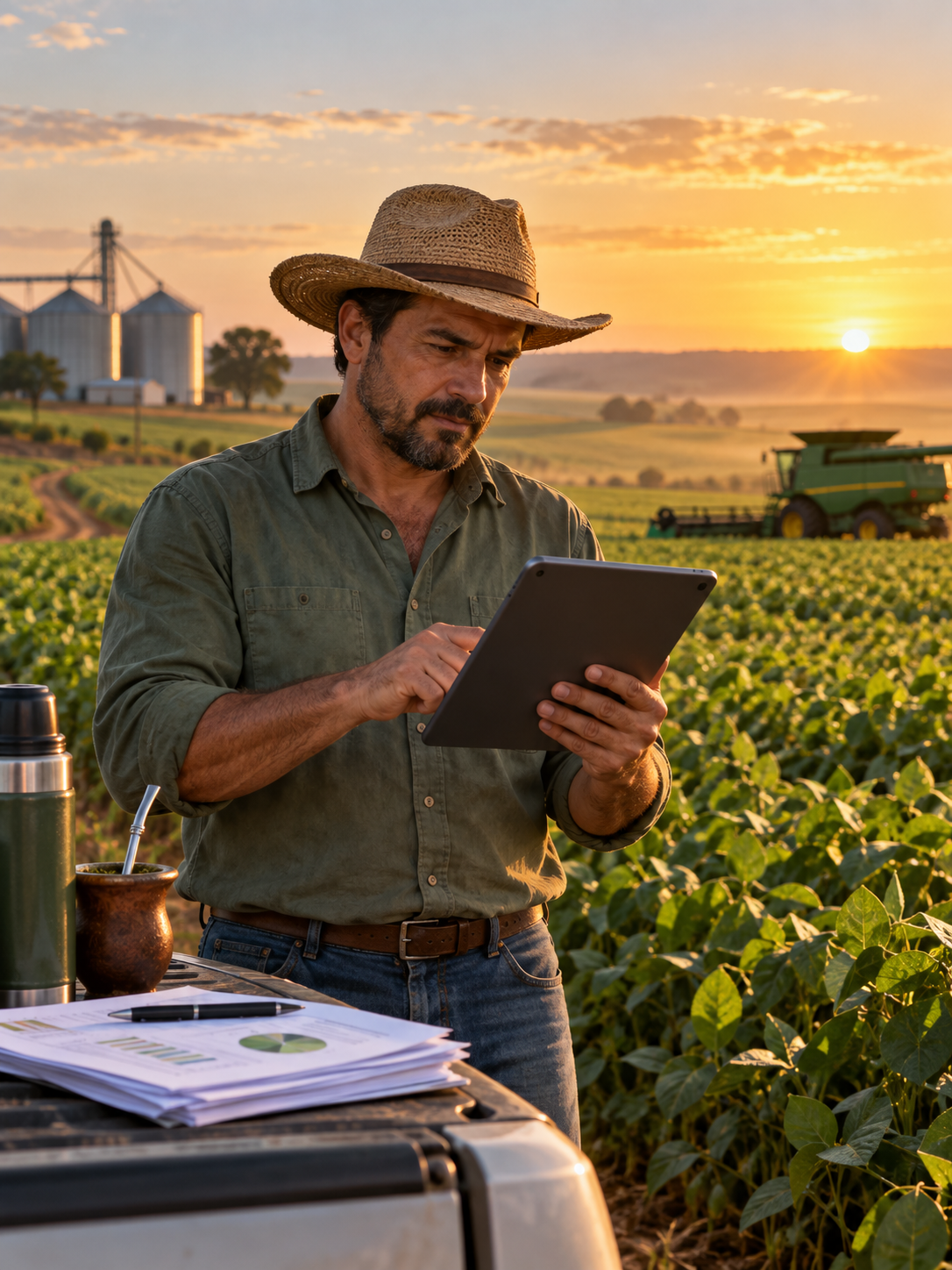 Produtor consulta informações financeiras em um tablet diante de uma lavoura