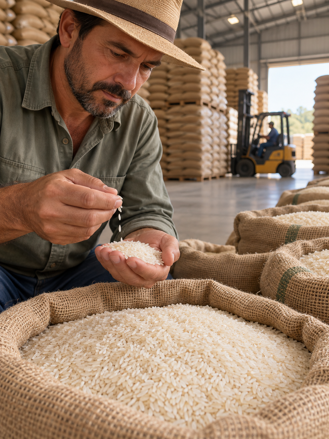 Produtor verifica grãos de arroz em um armazém com sacas empilhadas