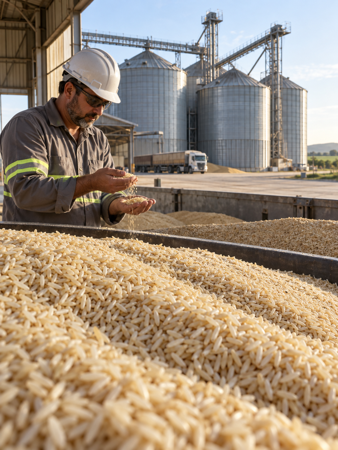 Trabalhador inspeciona arroz em armazém