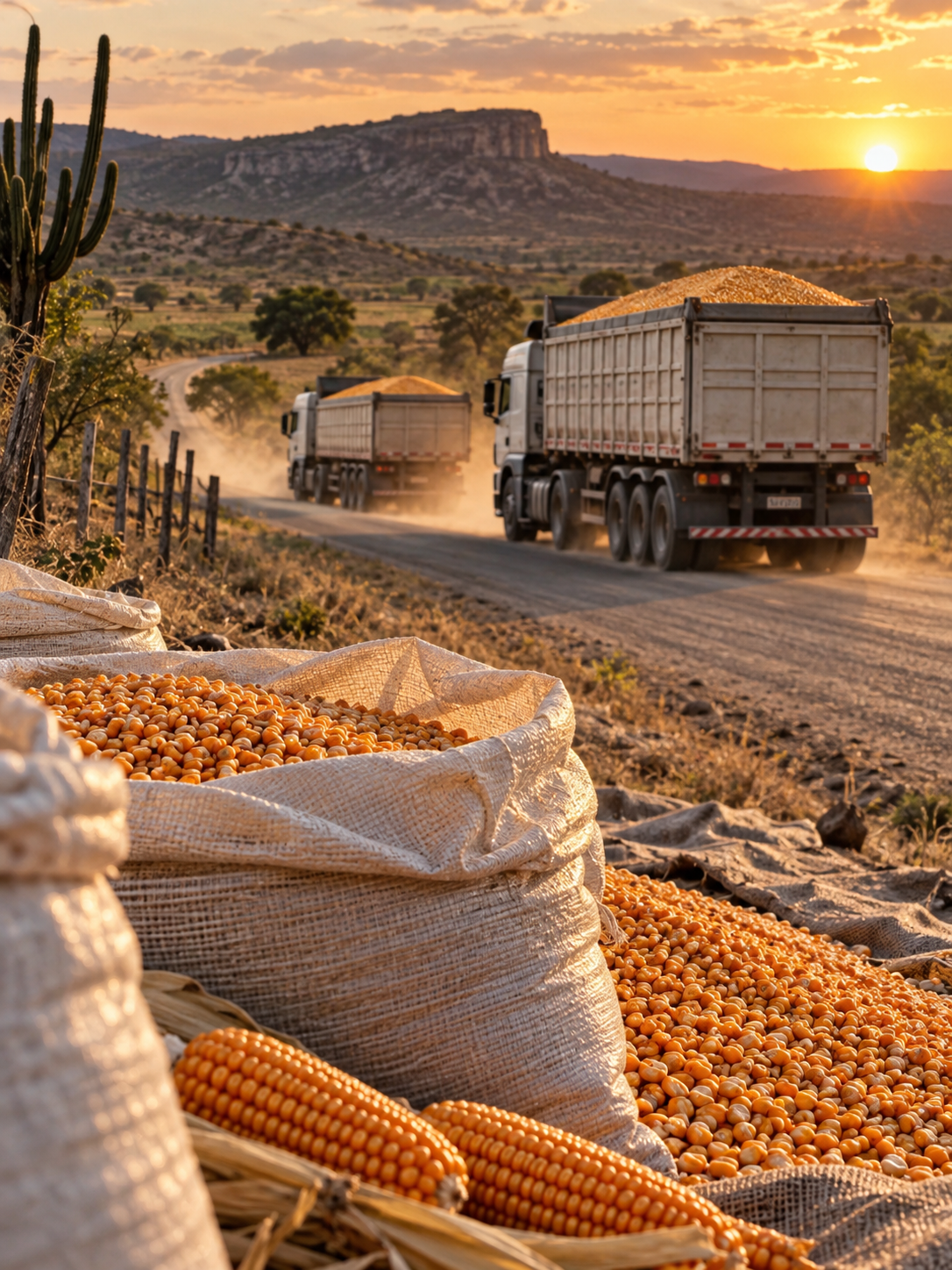 Caminhões transportam milho em estrada do Nordeste