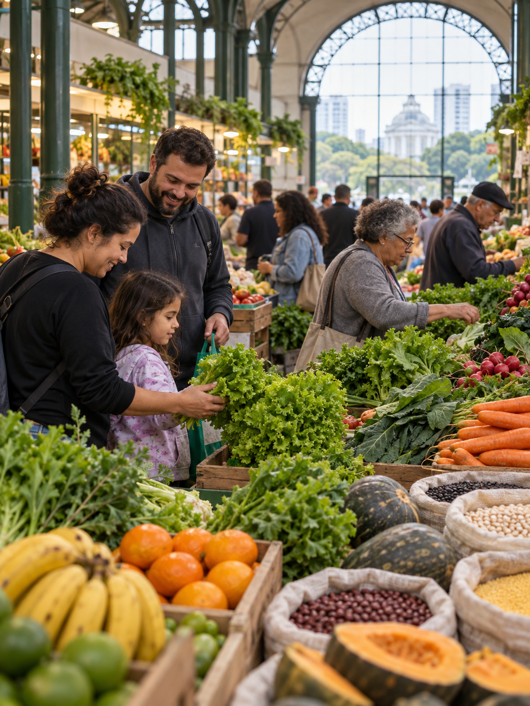 Famílias escolhem alimentos frescos em mercado público