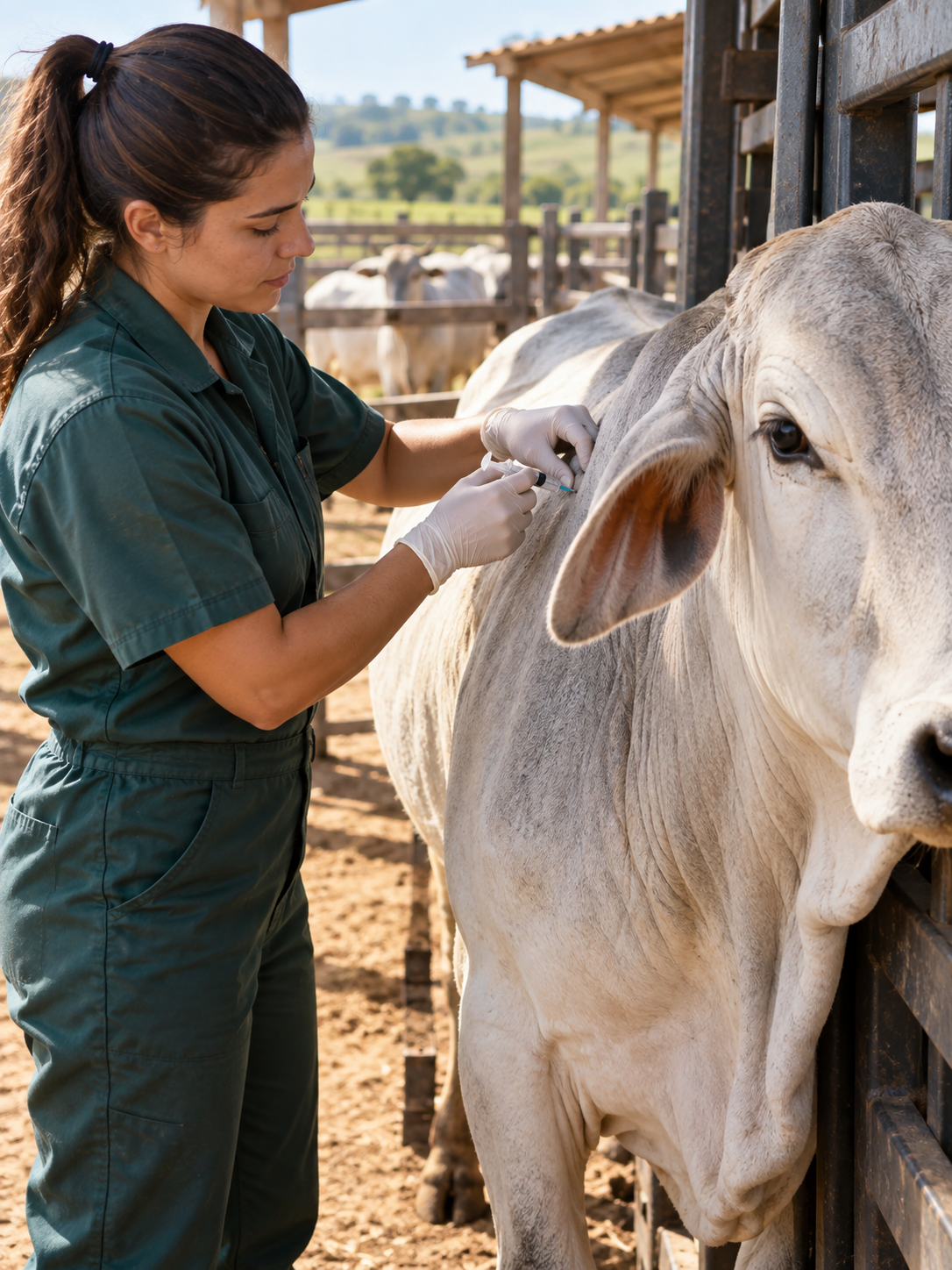 Médica-veterinária vacina bovino em curral